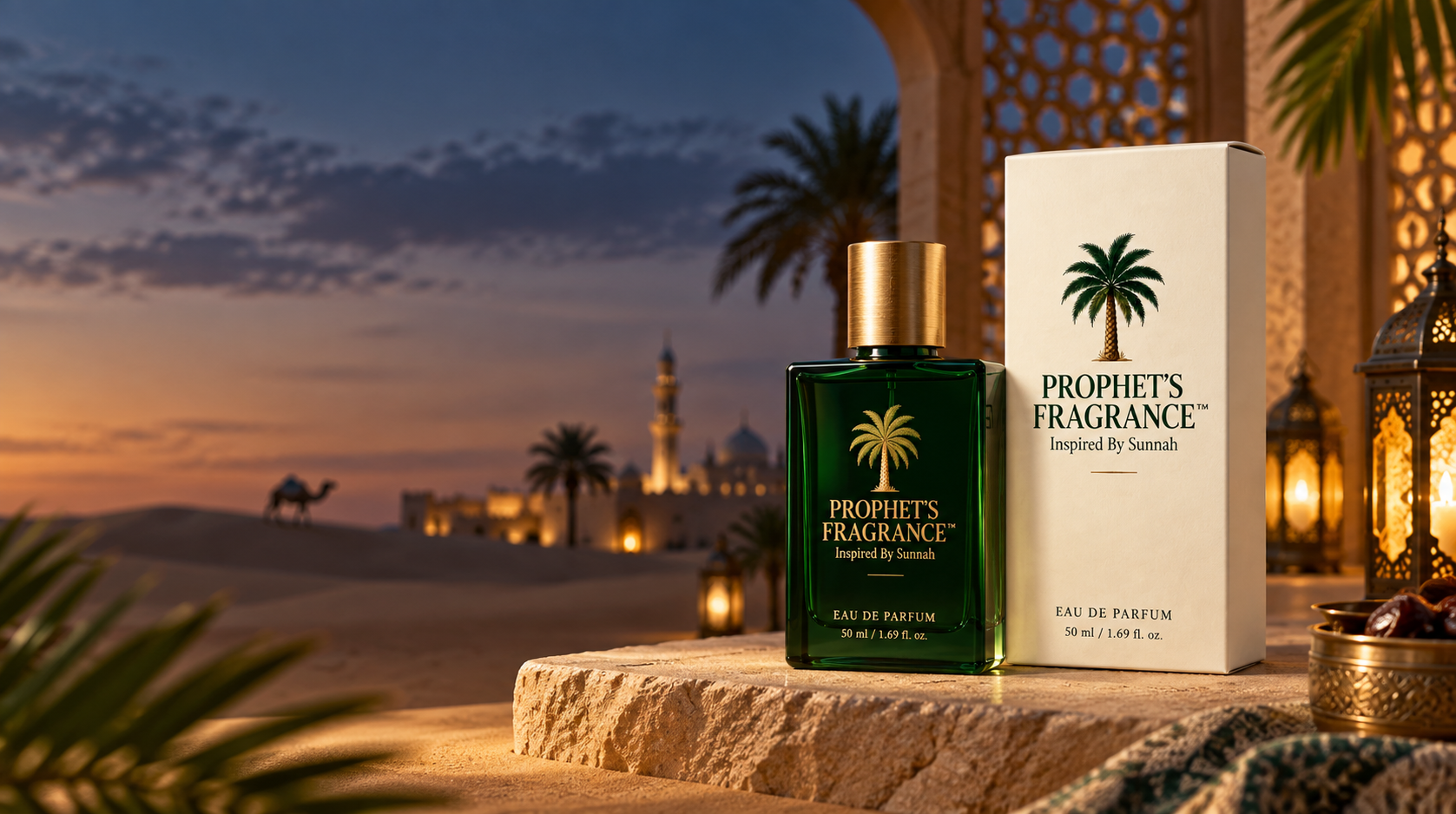 Prophet’s Fragrance bottle and ivory box in an Arabian desert courtyard