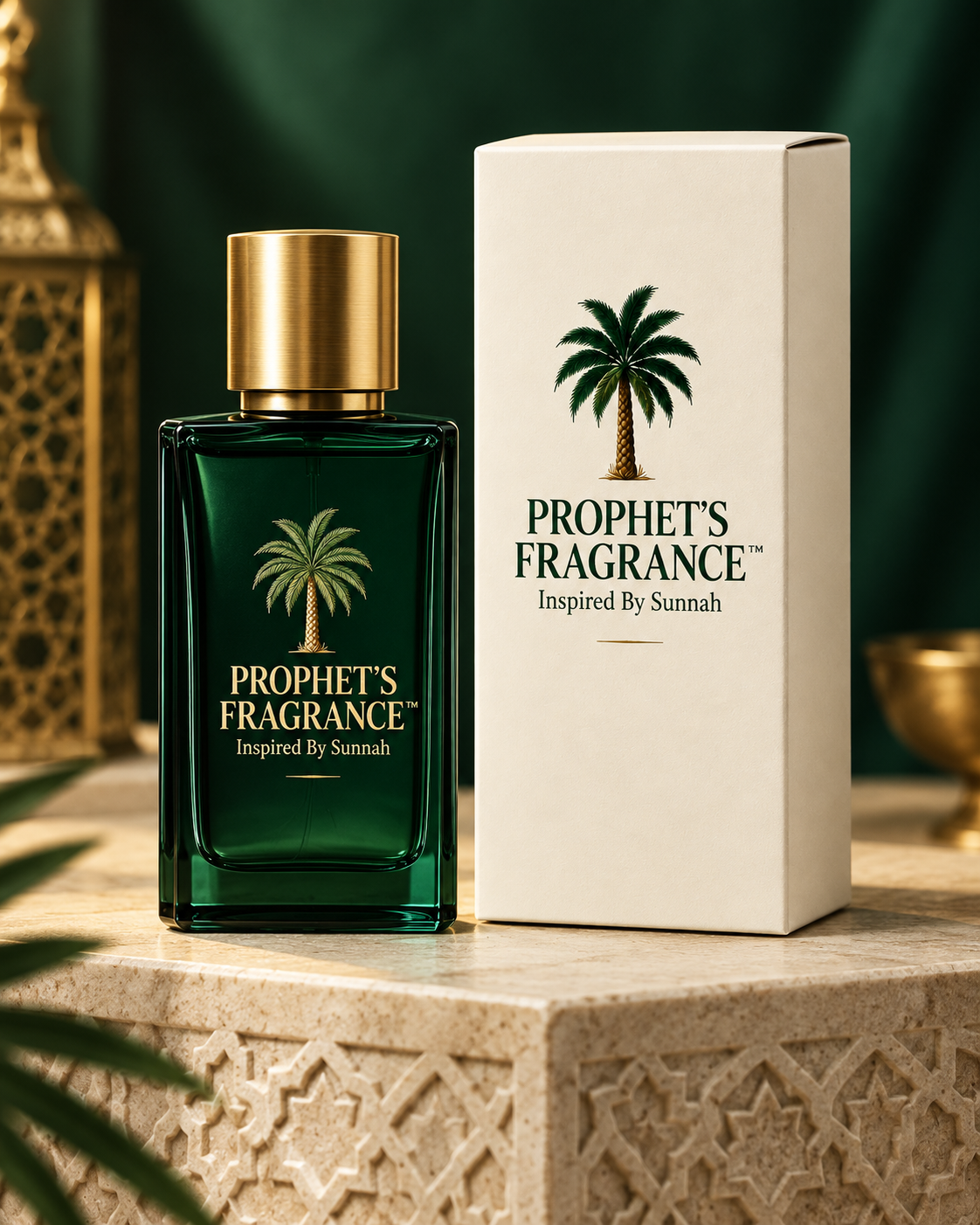 Prophet’s Fragrance green perfume bottle beside its ivory box